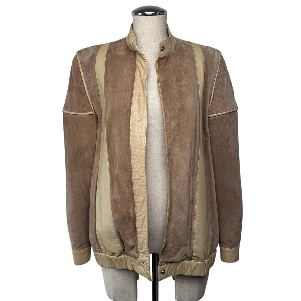 Vintage West Bay Suede Jacket Leather Contrast Panel Tan Brown 80s Sz 6